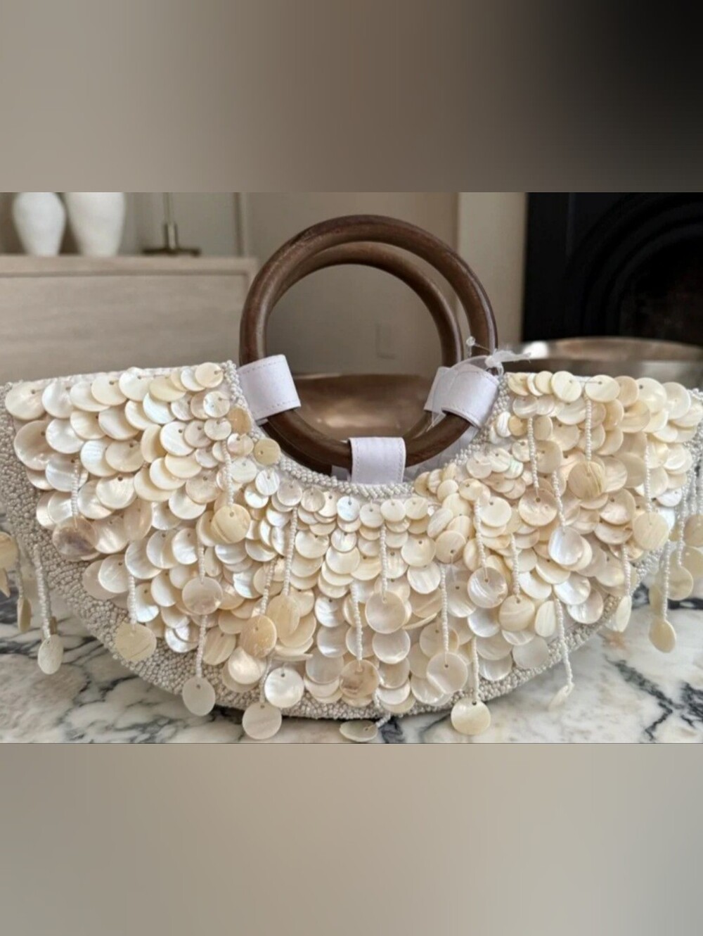 NEW! Cream White Shell Half Moon Wooden Handles Beaded Bag Made in India - Picture 5 of 5